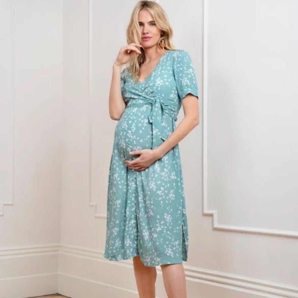 Seraphine Sage Floral Maternity & Nursing Midi Dress